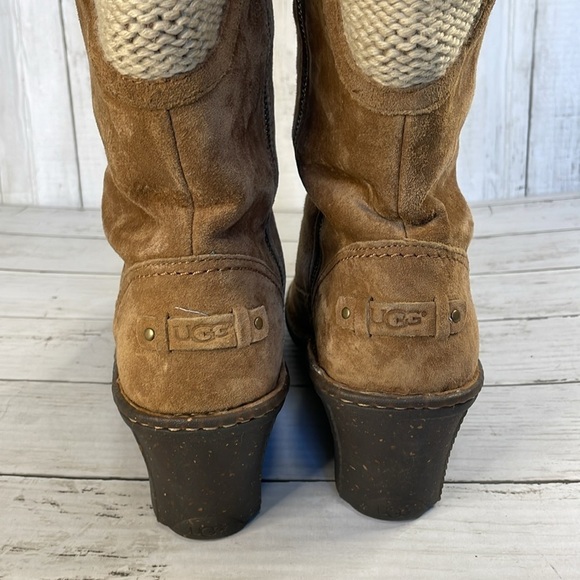 UGG Skyfall Chestnut Sweater Suede/Knit Cuff Tall Wedge Boots - Picture 6 of 14